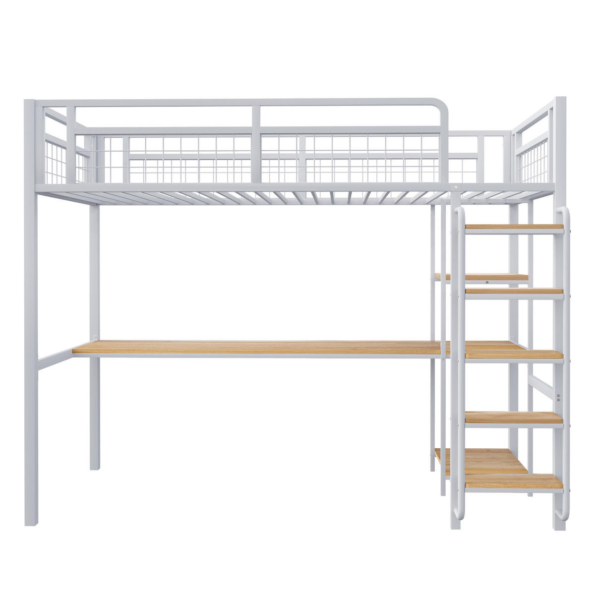 HOCHBETT mit Schreibtisch 90/200 cm in Weiß – mit Regalen, Leiter und Rausfallschutz - Weiß, Metall (90/200cm) - BEAOK