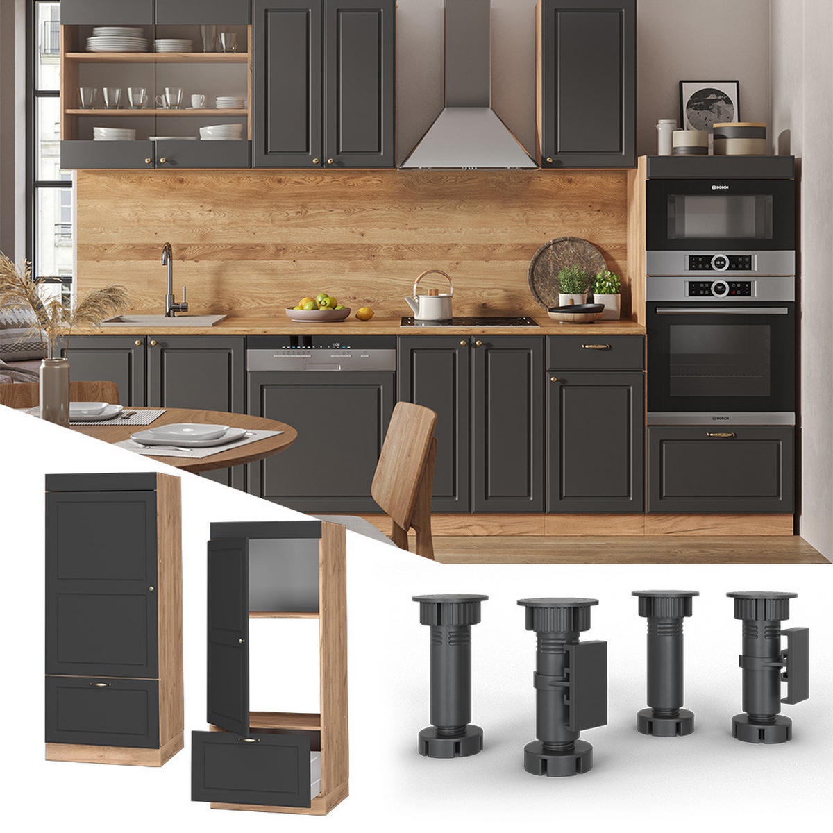 MIKROWELLENSCHRANK Fame-Line Anthrazit-Gold 60 cm - Eichefarben/Anthrazit, Holzwerkstoff (60/153.6/58.1cm) - Vicco