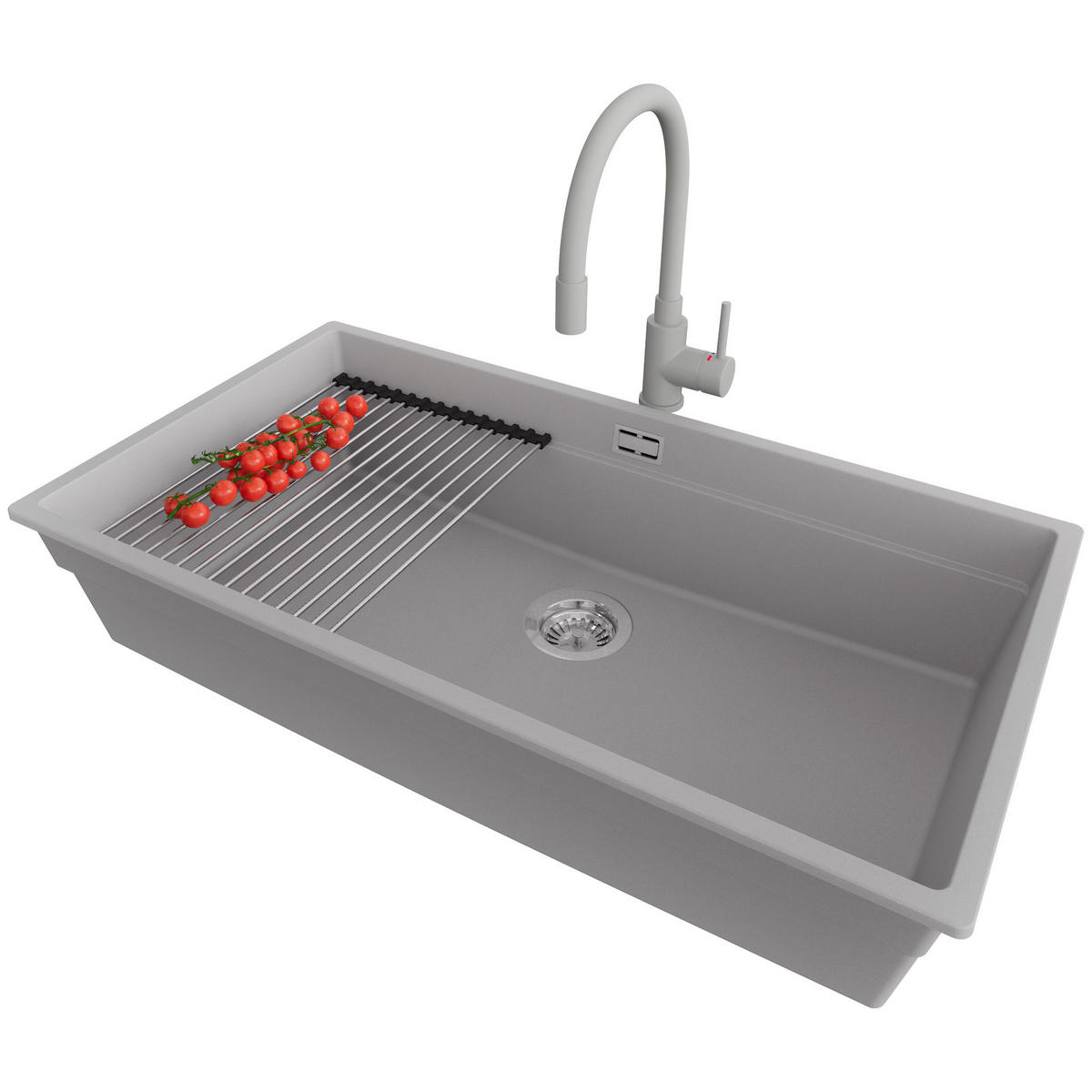 GRANITSPÜLE Praga Slim, 2-er set Grau 86/47 cm 1 Becken + Küchenarmatur 38/14 cm + Ablauf-Set + Aufrollbare Abtropffläche ab 90er Unterschrank - Chromfarben/Grau, Kunststoff (86/20/47cm) - Primagran