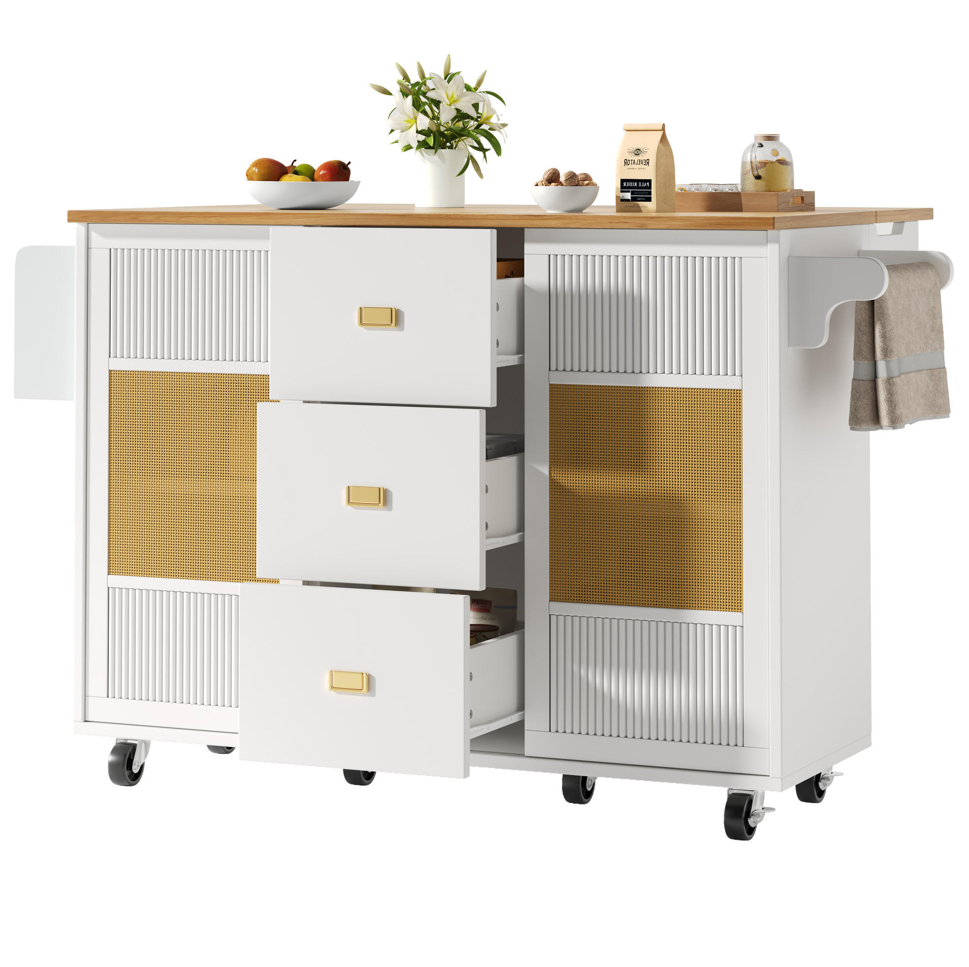 Modfu KUCHYŇSKÝ ostrůvek z MDF a kovu 146,85x70x90 cm bílý se sklopnou deskou, kolečky a velkým úložným prostorem