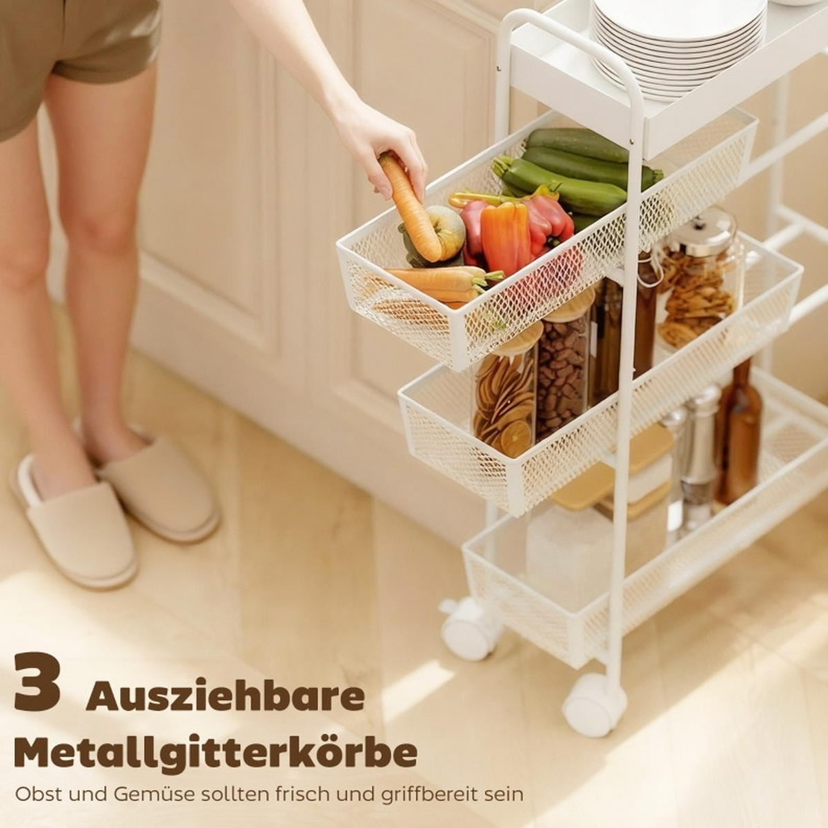 KÜCHENINSEL 43,2/19/80 cm aus Metall mit 3 Körben, Tablett und 4 Rollen, Weiß - Weiß, Metall (43.2/80/19cm) - Redom