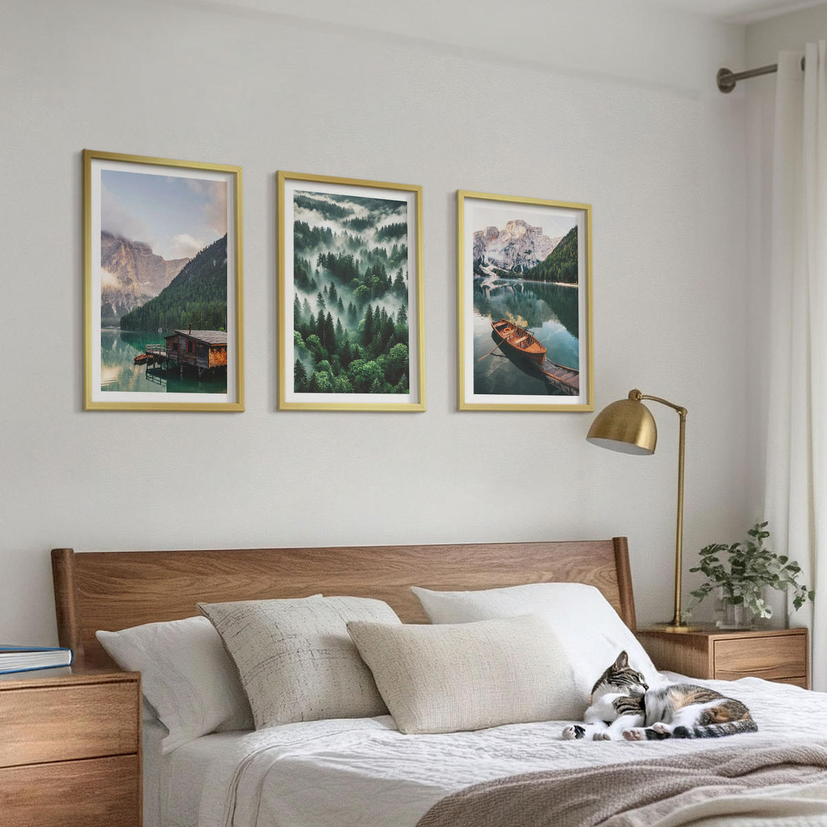 WANDBILDER 3er Set - 40x60 cm Goldrahmen - Bergsee, Boot, Waldnebel - Goldfarben, Kunststoff (40/60cm) - ArtPrintCave