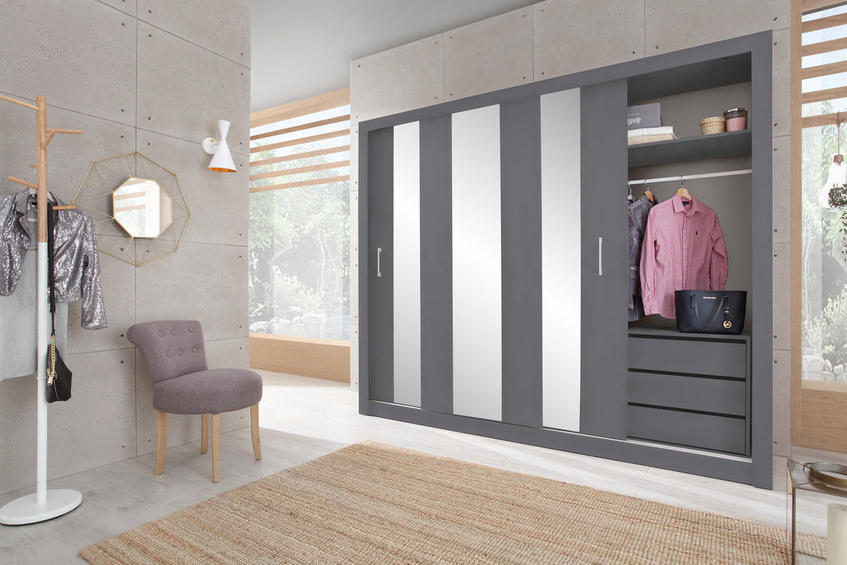 SCHWEBETÜRENSCHRANK MIRA 250/215/60cm 3-türig mit Spiegel Anthrazit - Anthrazit, Holzwerkstoff (250/215/60cm) - MASSENO