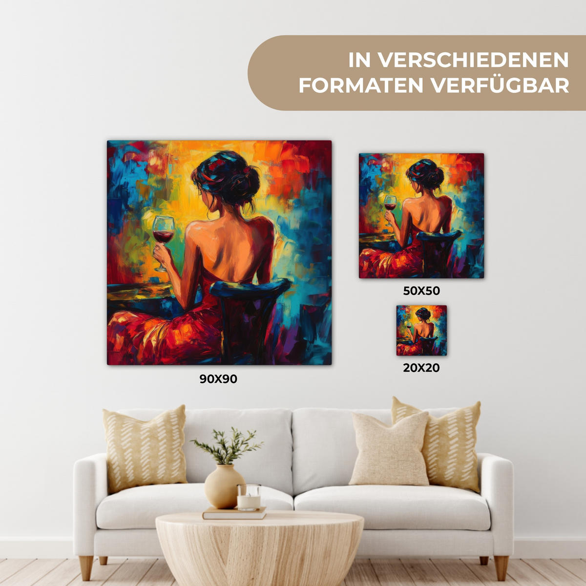 LEINWANDBILD Wein - Frau - Stimmungsvoll - Farbenfroh 20x20 cm - Bordeaux, Textil (20/20cm) - MuchoWow