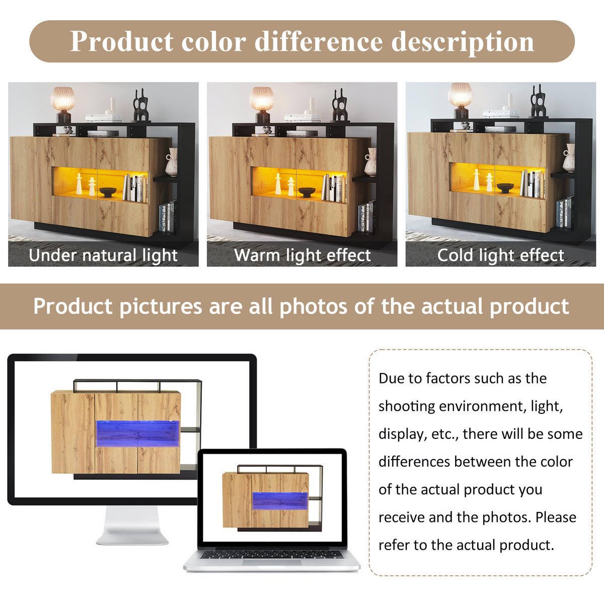 SIDEBOARD mit RGB-LED und Bluetooth, Holzoptik MDF, matte Oberfläche und schwarzem Metallrahmen, 140/44/93,5 cm,Naturfarben - Naturfarben, Holzwerkstoff (140/93.5/44cm) - Redom