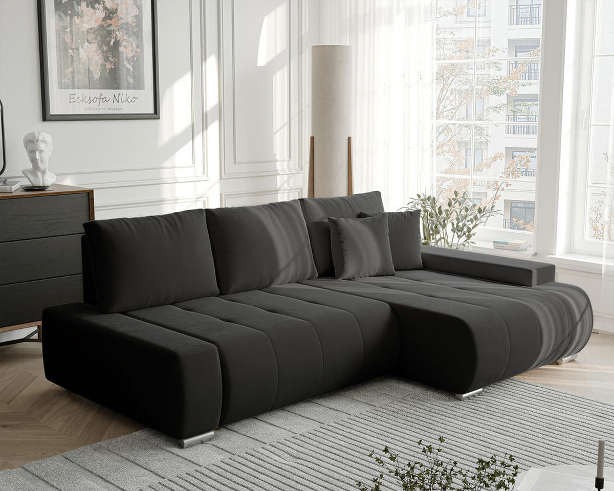 ECKSOFA NIKO Rechts, mit Schlaffunktion und Bettkasten, Anthrazit - Anthrazit, Textil (227/153cm) - Idohome
