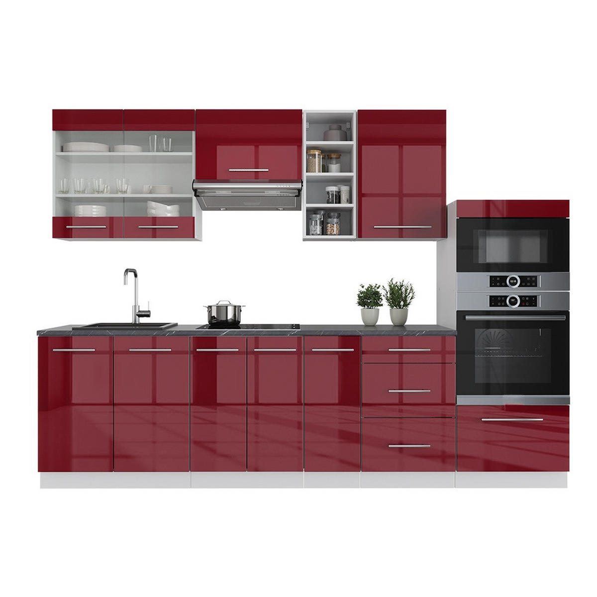 KUHINJSKI BLOK Fame-Line Bordeaux visok sijaj/bela 280 cm brez delovne plošče - bela/bordo, leseni material (280/153.6/46cm) - Vicco