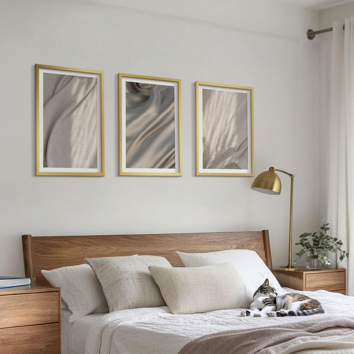 WANDBILDER 3er Set - 40x60 cm Goldrahmen - Nahaufnahme von natürlichen Boho-Stoffen - Goldfarben, Kunststoff (40/60cm) - ArtPrintCave