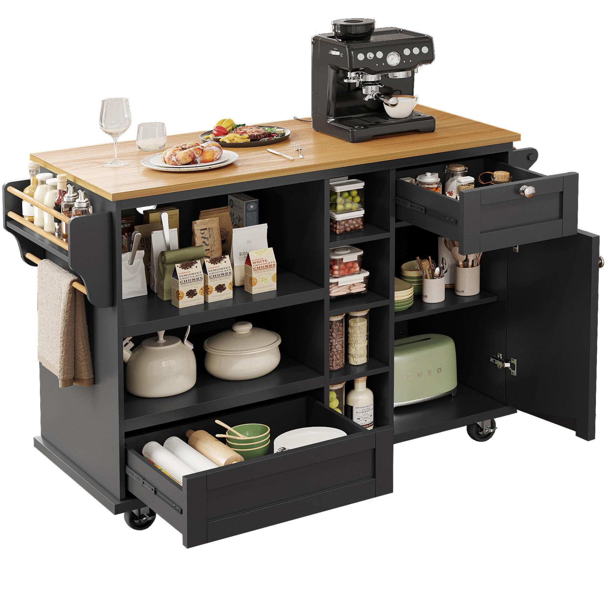 MOBILER Küchenschrank 129x46x96cm Schwarz mit Holzmaserung,Schubladen,Türen - Schwarz, Holzwerkstoff (139/92/46cm) - Modfu