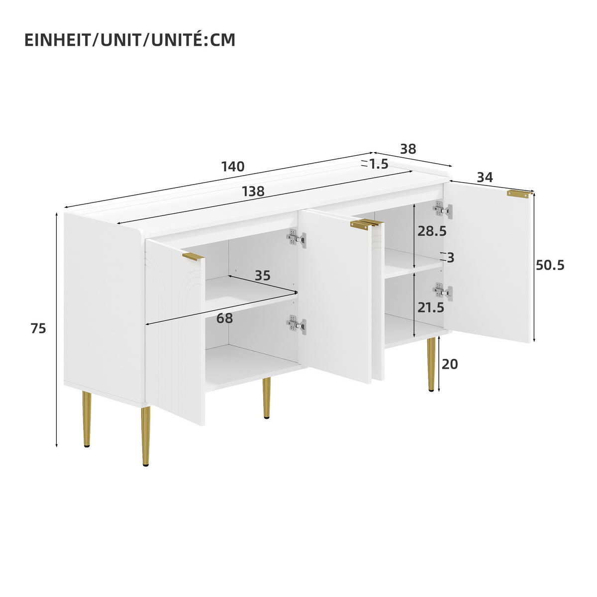 SIDEBOARD Weiß 140/38/75 cm - Weiß, Holzwerkstoff (140/75/38cm) - PANGIVO