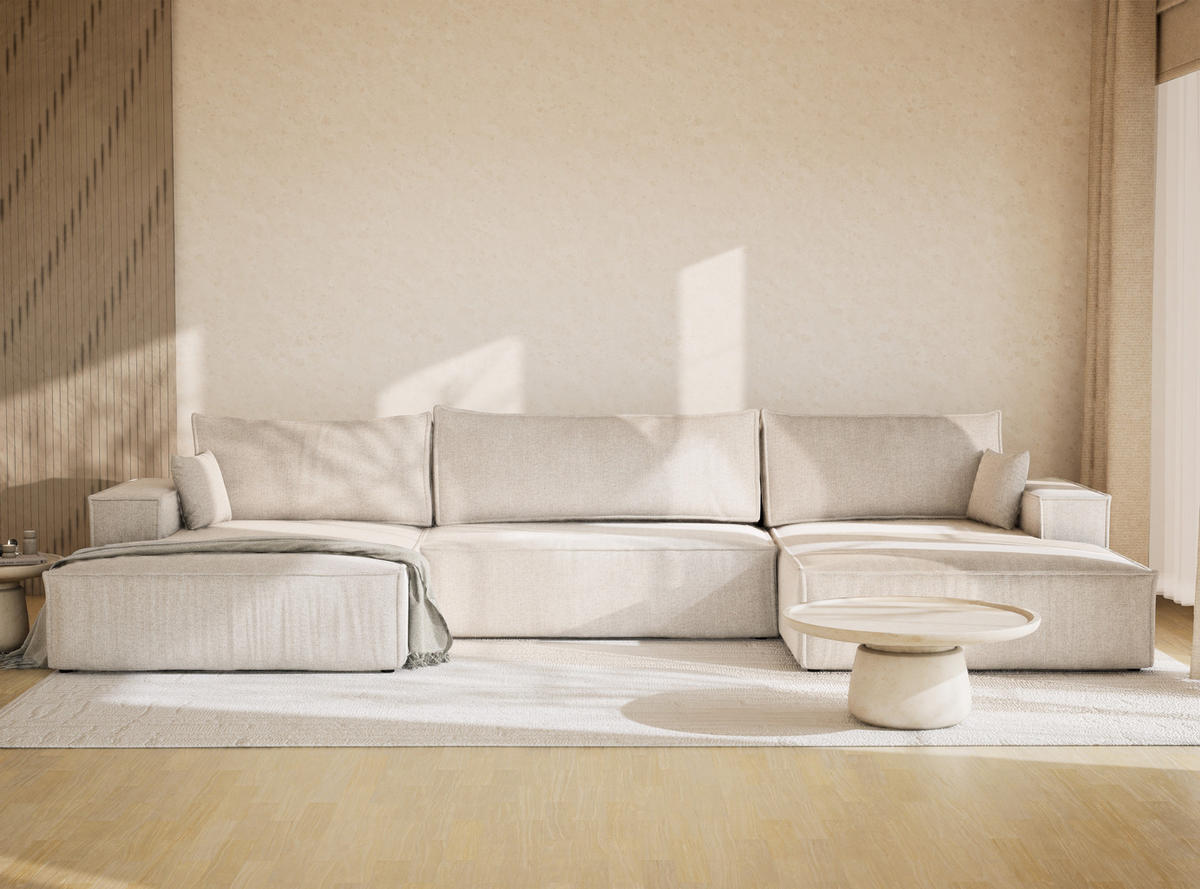 WOHNLANDSCHAFT Kyoto Hellbeige Webstoff - Creme/Schwarz, Holz/Holzwerkstoff (398/70/148cm) - Maison de Reve