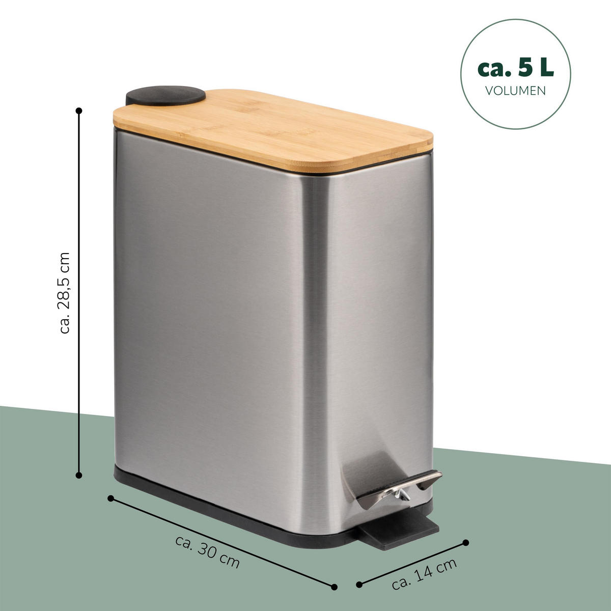 ABFALLEIMER, Edelstahl mit Bambusdeckel - Edelstahlfarben, Metall (14/28.5/30cm) - bremermann