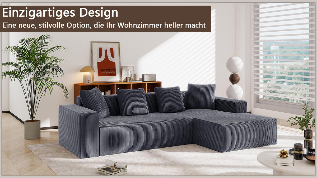 ECKSOFA Cord mit tiefer Sitzfläche, modularer Liege 261/146/65 cm Grau - Grau, Textil (146/261cm) - Redom