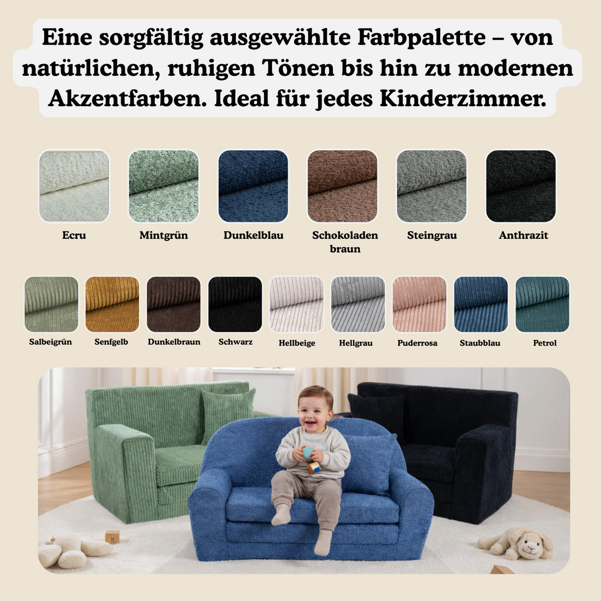KINDERSOFA aus Kuschel-Cord in Hellgrau - Hellgrau, Textil (83/47/43cm) - Fortisline