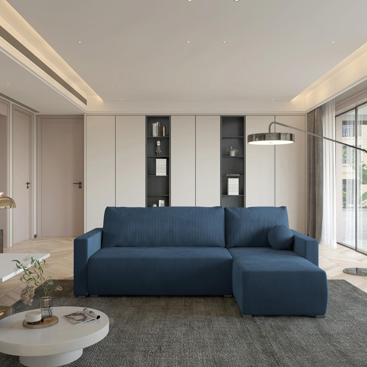 ECKSOFA SORGE Blau Plüsch-Stoff mit Schlaffunktion - Blau, Holz (220/143cm) - MASSENO