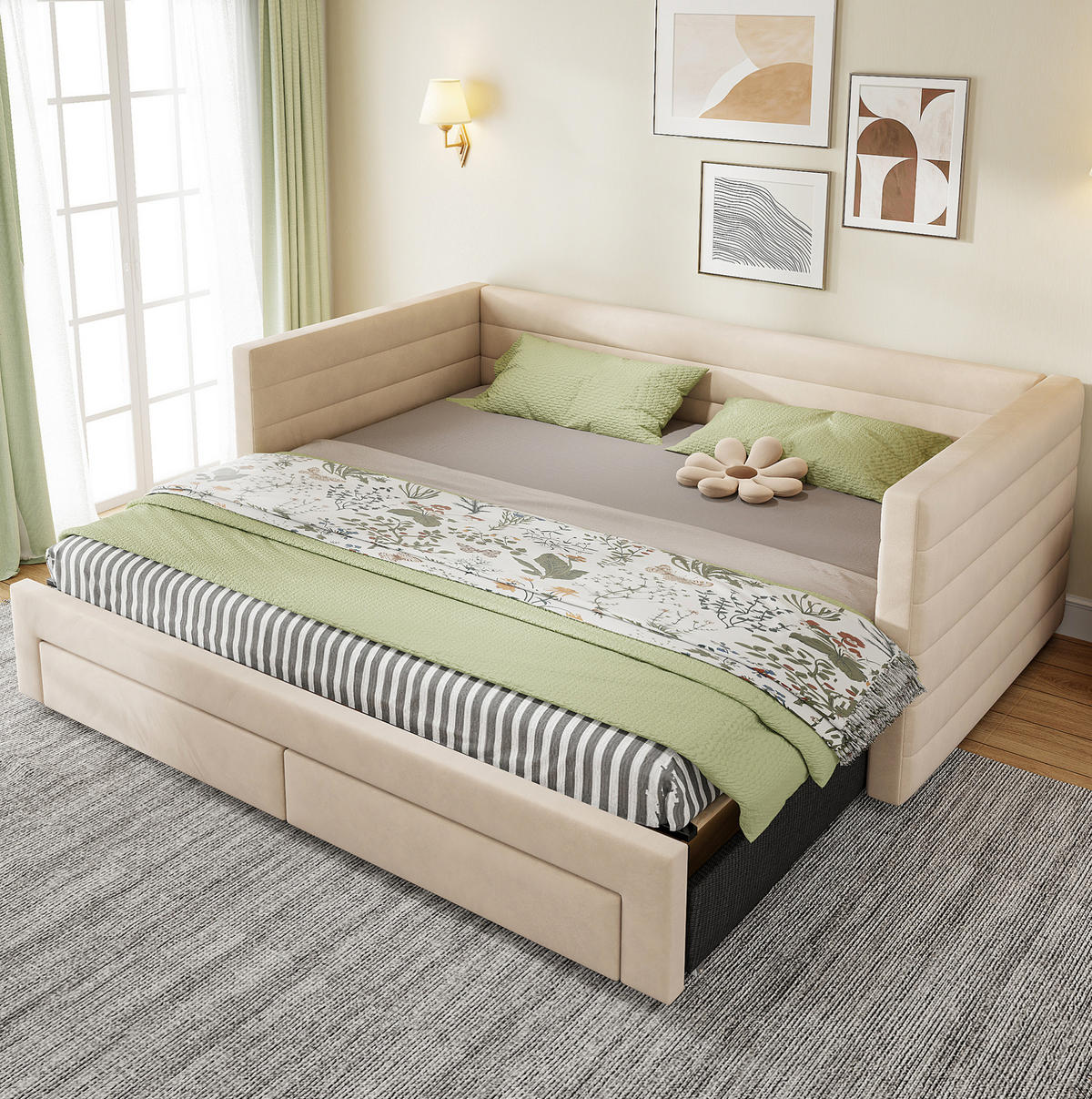 ČALÚNENÁ posteľ 90/190 cm béžová rozkladacia na jednolôžko aj dvojlôžko z bavlny a ľanu - béžová, textil (90/190cm) - OKWISH