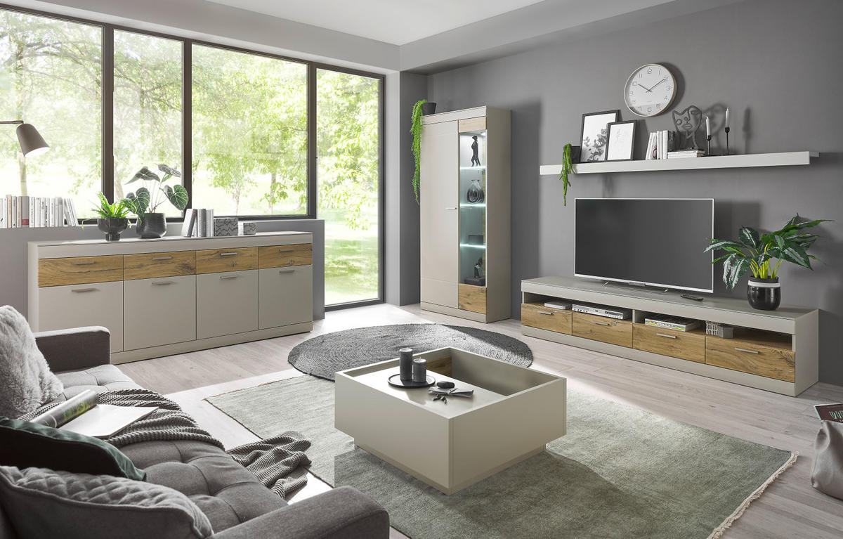 EX! SIDEBOARD grau matt, Zinneiche 200 cm, Kommode mit Soft-Close-Funktion - Eichefarben/Silberfarben, Holzwerkstoff/Metall (200/85/42cm) - Furn.Design
