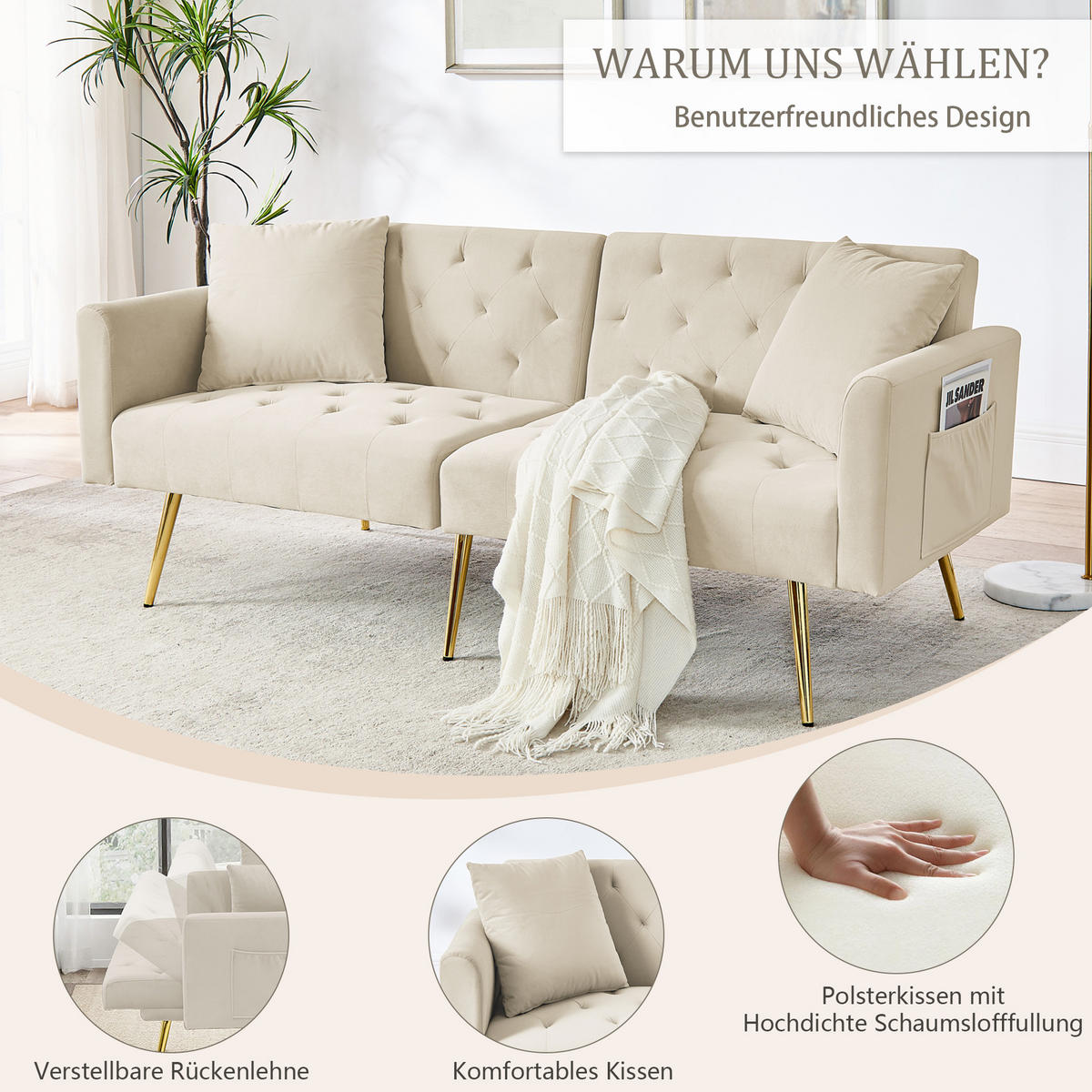 SCHLAFSOFA 177/78/74 cm in Beige Samt mit Aufbewahrungstasche - Beige, Textil (78/74/177cm) - Oxeza