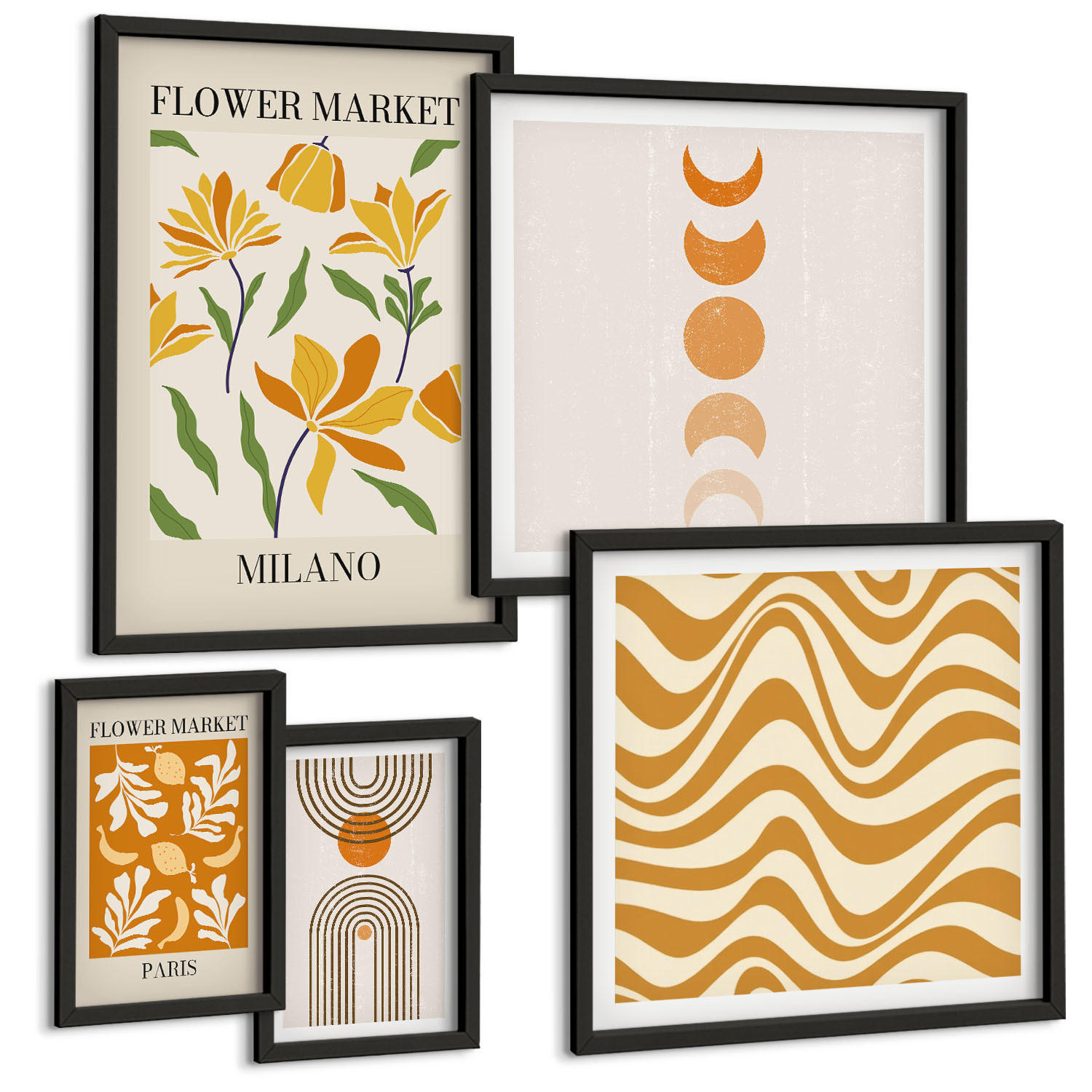 BILDER SET 5er Set - 50x50 cm & 20x30 cm & 40x60 cm Schwarzer Rahmen - Geometrische Pflanzenmuster - Schwarz, Kunststoff (40/60cm) - TULUP