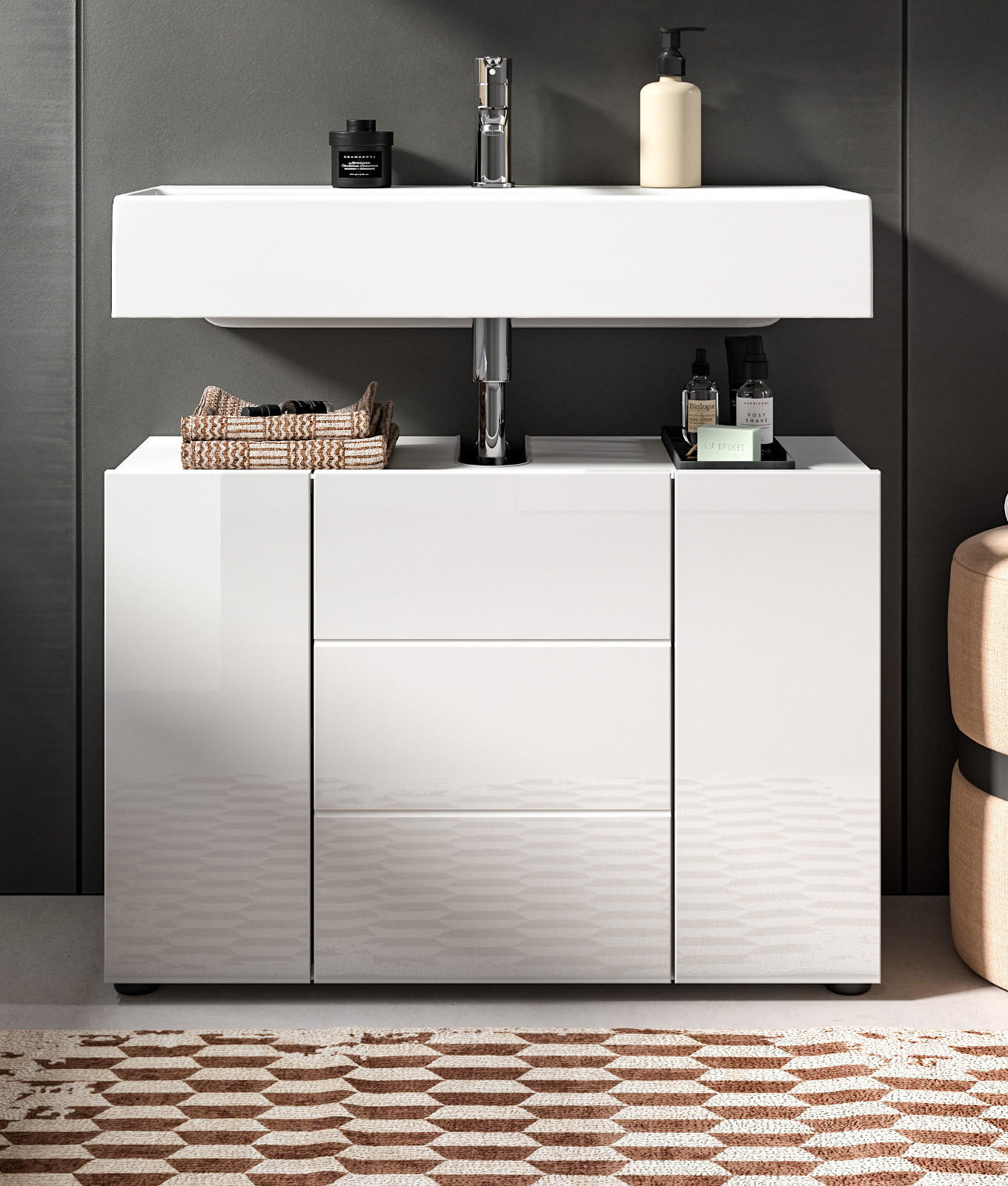 WASCHBECKENUNTERSCHRANK weiß Hochglanz 80 cm, Badezimmer Waschtisch 3-türig - Weiß Hochglanz/Schwarz, Holzwerkstoff/Kunststoff (82/56/34cm) - Inn.Furn