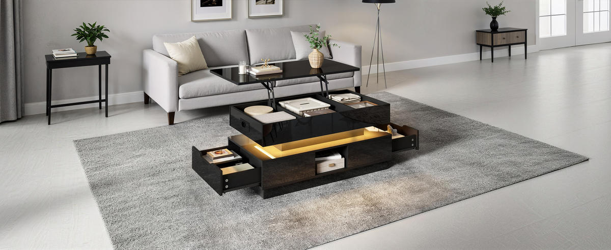 COUCHTISCH höhenverstellbar LED - Schwarz, Holzwerkstoff (48/90/42.5cm)