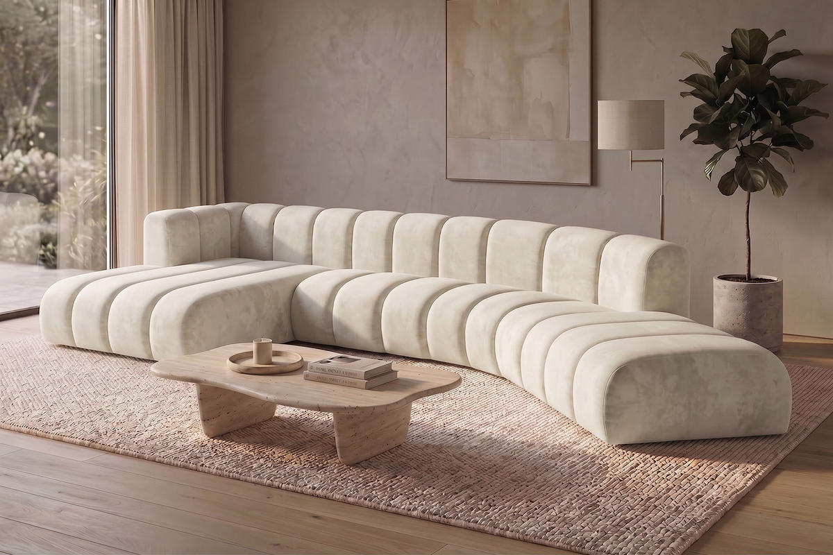 ECKSOFA Modulares In L-Form, Velvet-Stoff Riviera, Ecru, Links, GRAND Round - Creme, Holz (445/179cm) - Kaiser Möbel