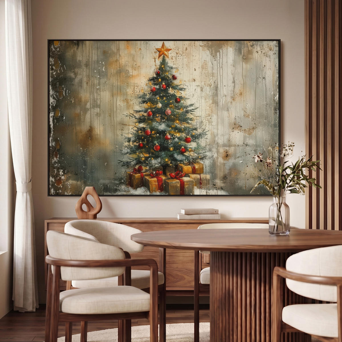 LEINWAND Bilder mit Rahmen - Weihnachtsbaum - Vintage - Weihnachten - Geschenk - 120x80 - Rostfarben, Textil (120/80cm) - MuchoWow