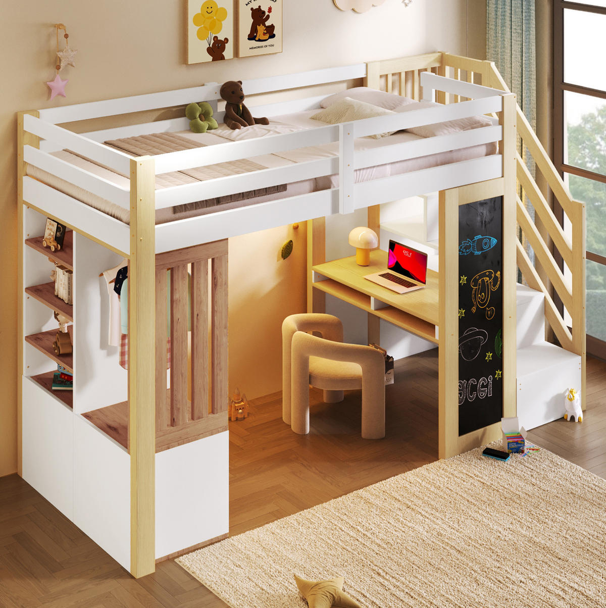 HOCHBETT 90x200 cm Weiß/Natur mit Schreibtisch, Kleiderschrank, Stauraumtreppe und LED-Beleuchtung - Weiß, Holzwerkstoff (90/200cm) - IVMEU