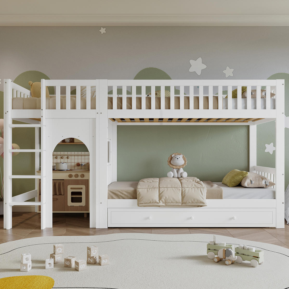 ETAGENBETT 90x200 cm mit Vierstufige gerade Leiter in Weiß - Weiß, Holz (90/200cm) - KOMHTOM