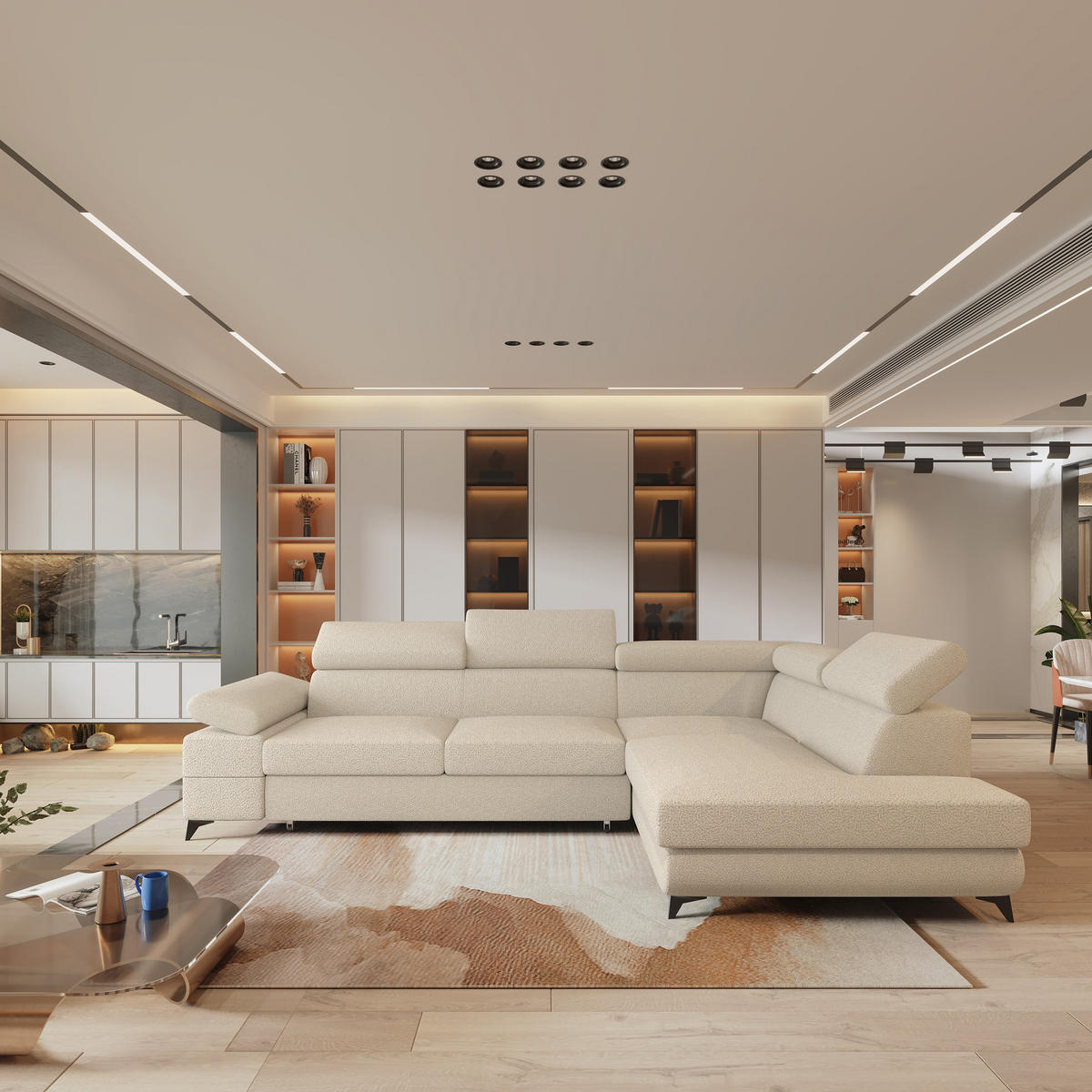 ECKSOFA FAVIEN R-S Creme Boucle-Stoff mit Schlaffunktion - Creme, Holz (257/190cm) - MASSENO