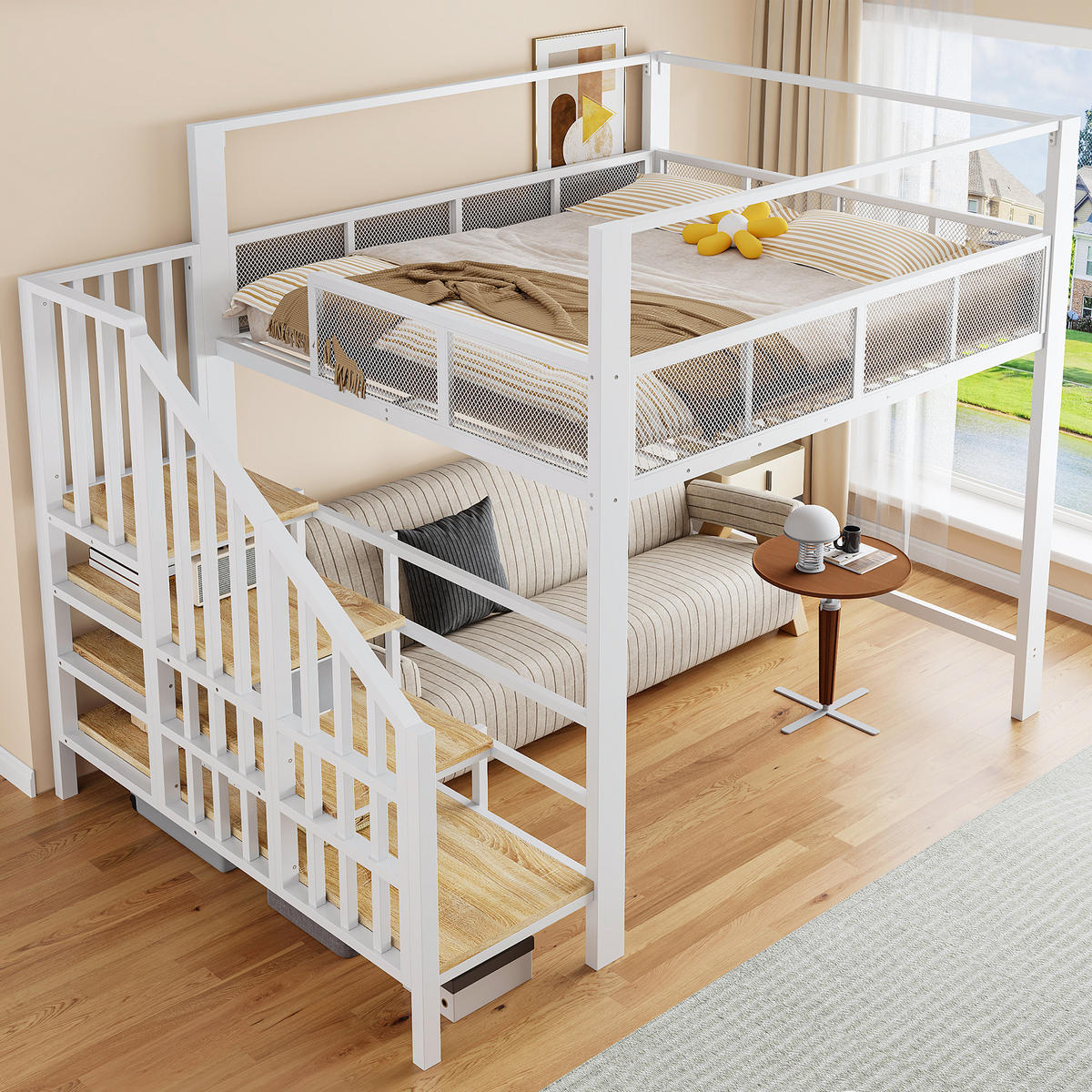 HOCHBETT Weiß 140×200cm mit Baldachin, Stauraumtreppe und freier Arbeitsfläche unter dem Bett - Weiß, Metall (140/200cm) - Luhomfu