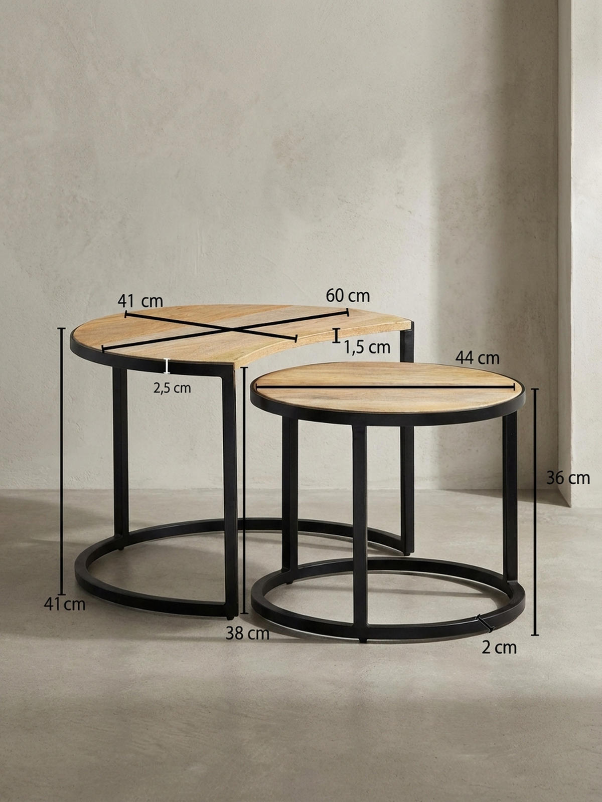 COUCHTISCH 2er Set Holz Metall Industrial Handgefertigt ESINO, Beige 60x41x41 cm - Beige/Schwarz, Holz/Metall (41/60/41cm) - KADIMA DESIGN