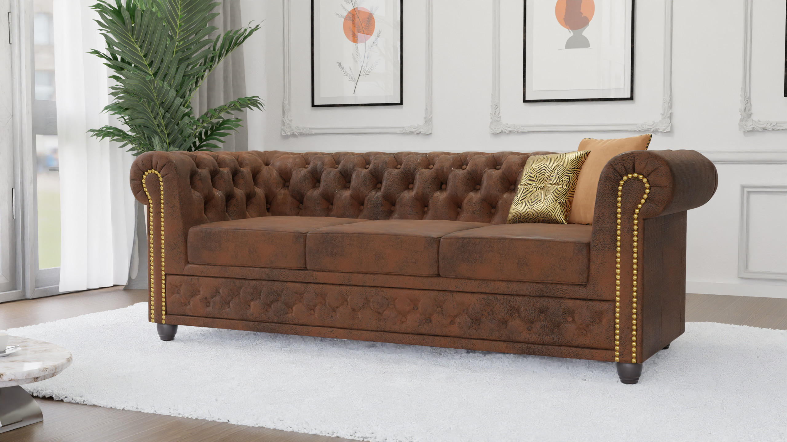 CHESTERFIELD-SOFA 3-sitzer mit Schlaffunktion Flux Braun Microfaser Vintageoptik - Braun, Holz/Textil (203/72/86cm) - S-Style Möbel