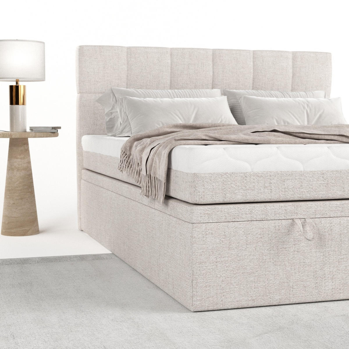 BOXBETT Elano 140/200 cm Hellbeige im Neve Stoff - Sandfarben/Schwarz, Holz/Holzwerkstoff (140/200cm) - AltaBeds