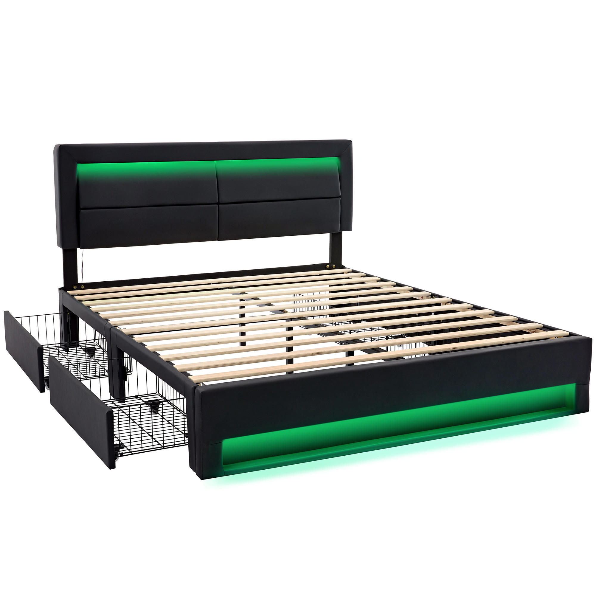 POLSTERBETT 140/190 cm DE-02748, mit USB, kabellosem Laden, LED und 4 Schubladen, in Schwarz - Schwarz, Metall (140/190cm) - ComfortXL