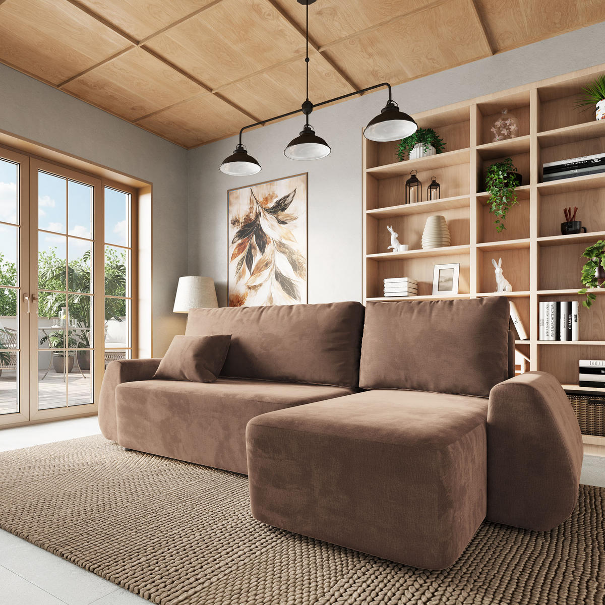 ECKSOFA GALVIS Beige Velours-Stoff mit Schlaffunktion - Beige, Holz (256/156cm) - MASSENO