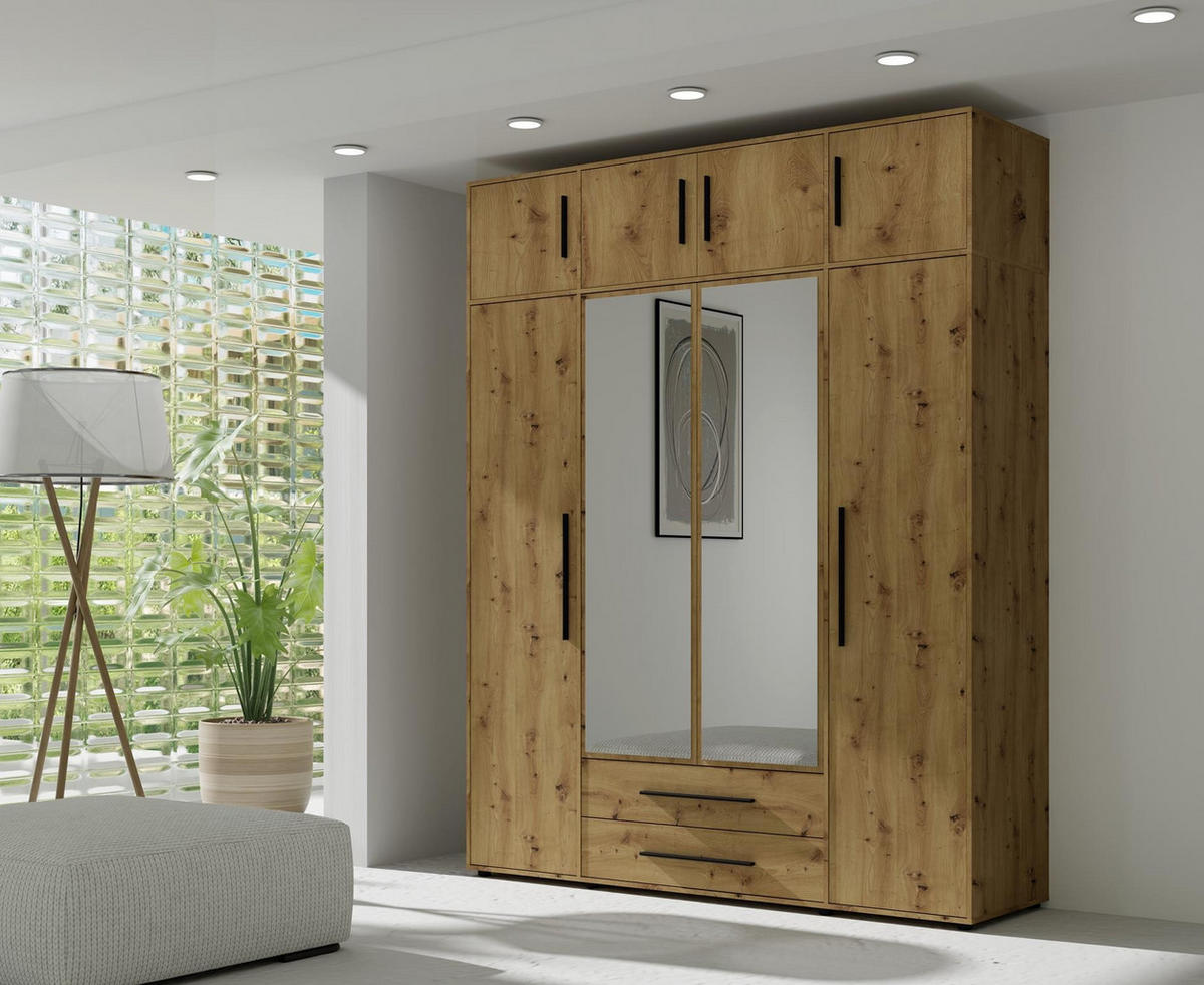 KLEIDERSCHRANK Maxivo Artisan Eiche, viertüriger Kippschrank mit Schubladen und Spiegel, Erweiterung - Schwarz/Eiche Artisan, Holzwerkstoff (198/248/59cm) - Bettso