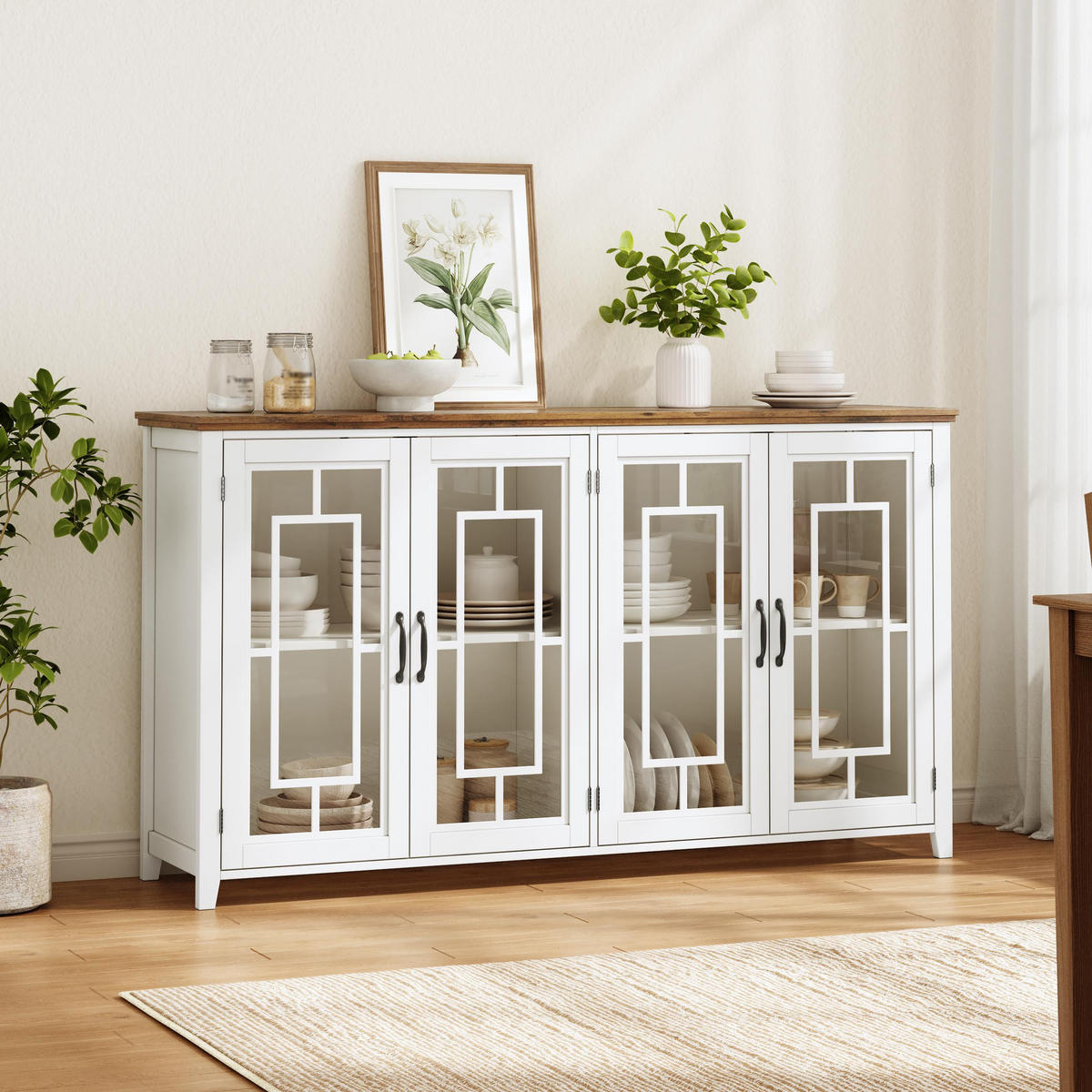 GESCHIRRSCHRANK 160 cm MDF Weiß mit Glastüren und Holzoptik-Arbeitsplatte - Weiß, Holzwerkstoff (40/86/160cm) - Korfee