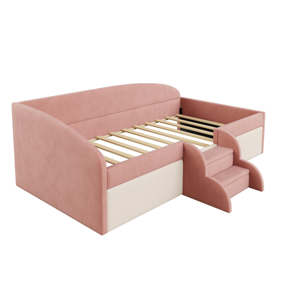 KINDERBETT aus Samt 90x190 cm Rosa+Cremeweiß mit Stufen, Schutzgittern und Lattenrost - Pink, Textil (90/190cm) - Modfu