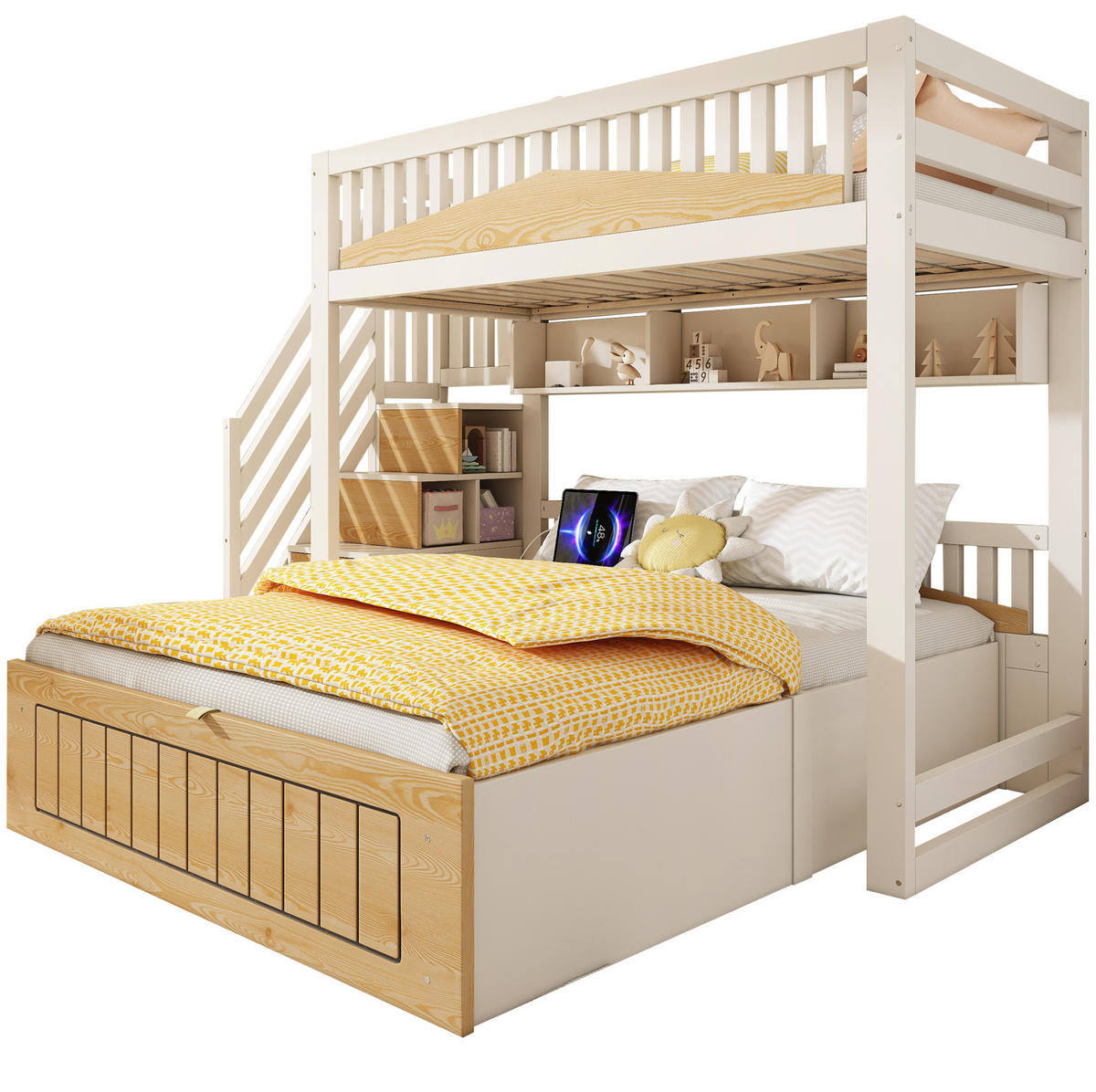 ETAGENBETT 90/200 & 140/200 cm mit Stauraum und Treppenschrank in Weiß/Natur - Weiß, Holzwerkstoff (90/200cm) - BEAOK