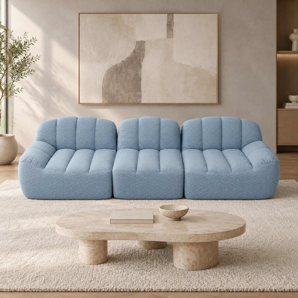 ECKSOFA mit modularer Bauweise aus granuliertem Fleece in Blau 288x104x79 cm, mit breiter Sitzfläche - Blau, Textil (104/288cm) - IVMEU