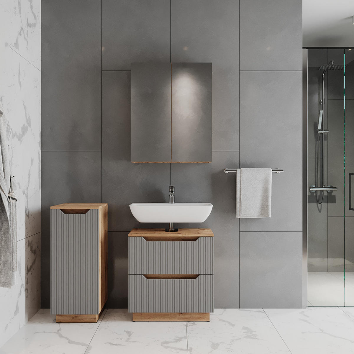 KOUPELNOVÝ NÁBYTEK Lotta Dubový/šedý pruhovaný - šedá/barva dubu, kompozitní dřevo (58.9/62.5/32cm) - Vicco