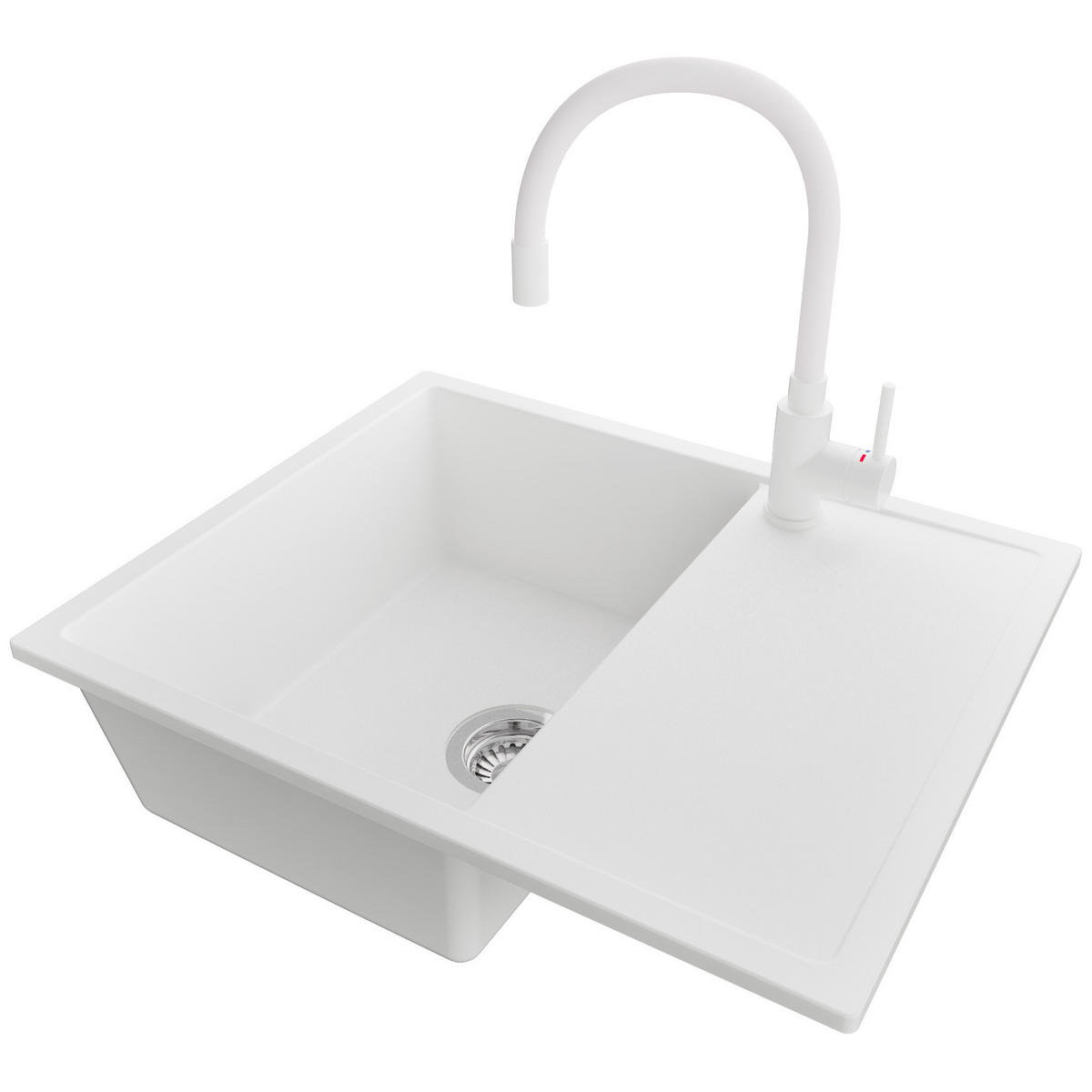 GRANITSPÜLE Ibiza, 2-er set Weiß 62/50 cm 1 Becken + Küchenarmatur 38/14 cm + Ablauf-Set ab 45er Unterschrank - Chromfarben/Weiß, Kunststoff (62/19/50cm) - Primagran