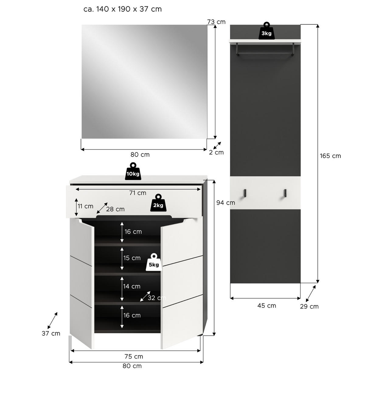 GARDEROBEN-SET 3-teilig in weiß, grau 140 cm mit Soft-Close, Cooper - Schwarz/Weiß, Glas/Holzwerkstoff (140/190/37cm) - Inn.Furn