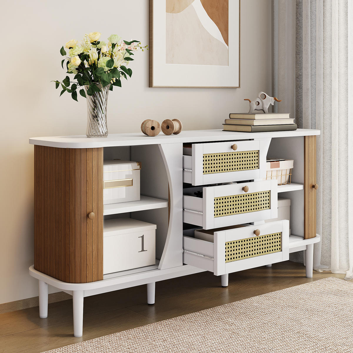 SIDEBOARD 140,5/40/76 cm mit 2 Türen & 3 Rattanschubladen in Weiß/Holzfarbe - Weiß, Holzwerkstoff (140.5/76/40cm) - BEAOK