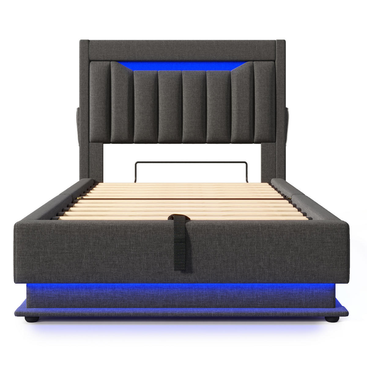 POLSTERBETT aus Leinen 90x200 cm Grau mit hydraulischem Stauraum, LED, USB- und USB-C-Anschlüssen - Grau, Textil (90/200cm) - IVMEU