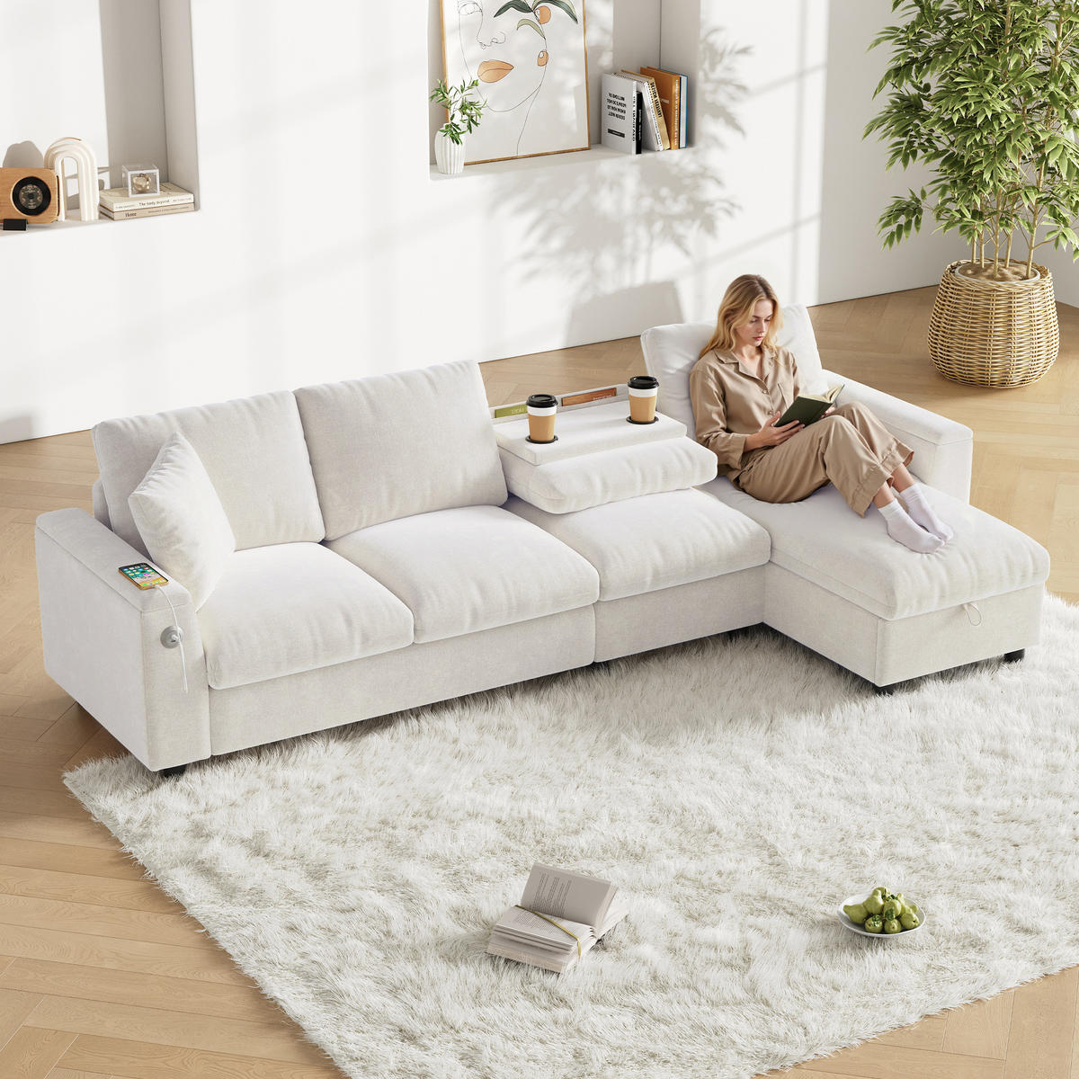 SOFA Beige L-Form Chenille Stauraum USB ausziehbar Tisch - Beige, Textil (137/84/280cm) - FLIEKS