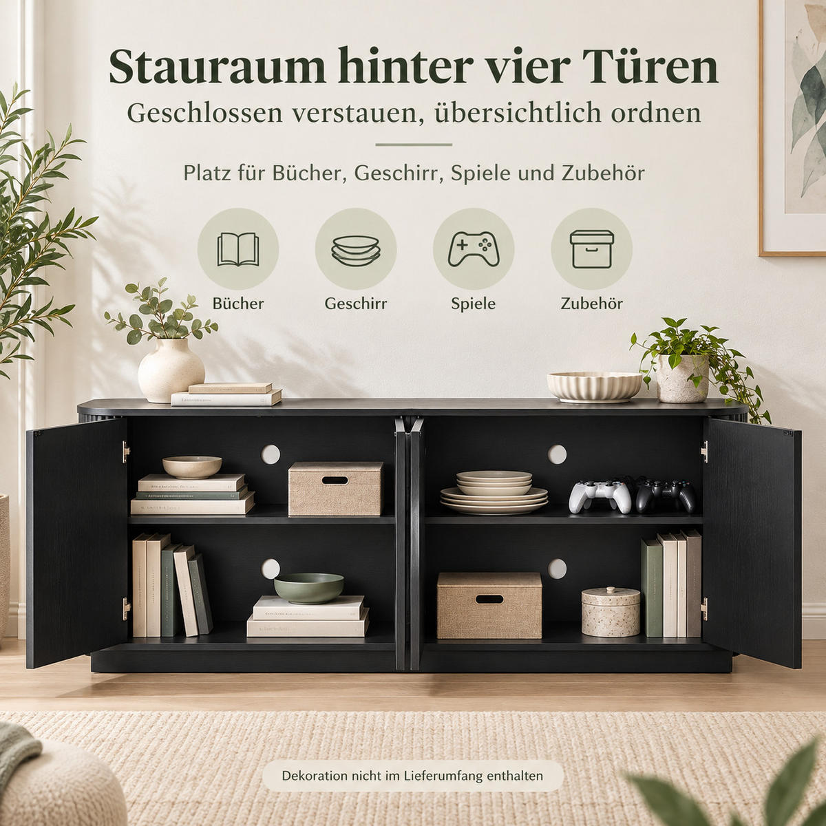 SIDEBOARD aus MDF 162x38x61 cm Schwarz mit 4 Türen und Wellenmuster - Schwarz, Metall (162/61/38cm) - IVMEU