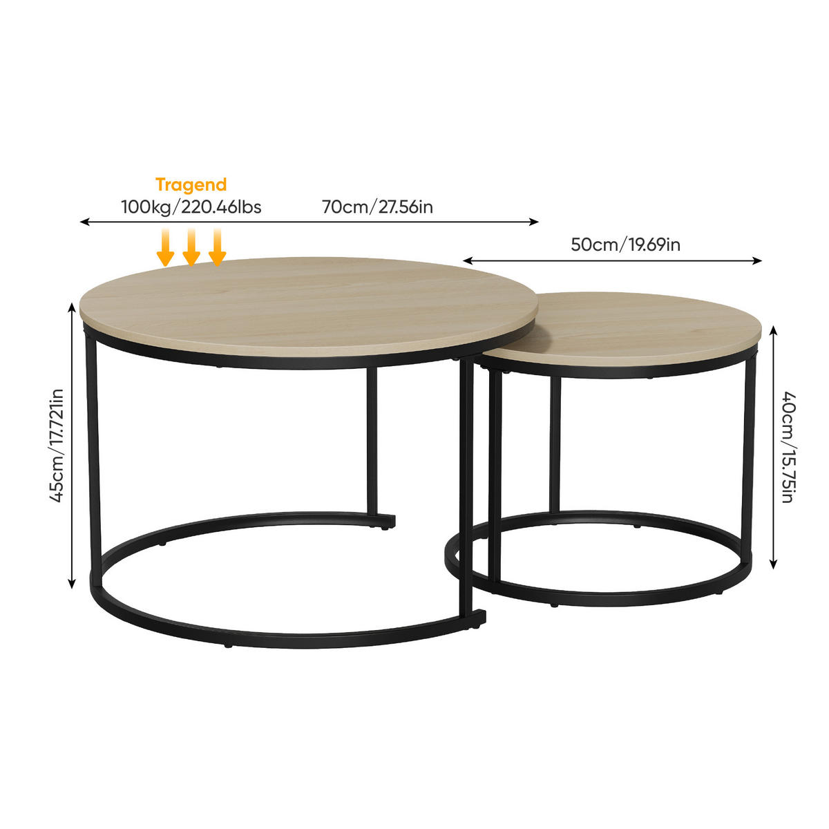 COUCHTISCH-SET 2-teilig rund mit Metallgestell, Eiche - Eichefarben, Metall (70/70/45cm)