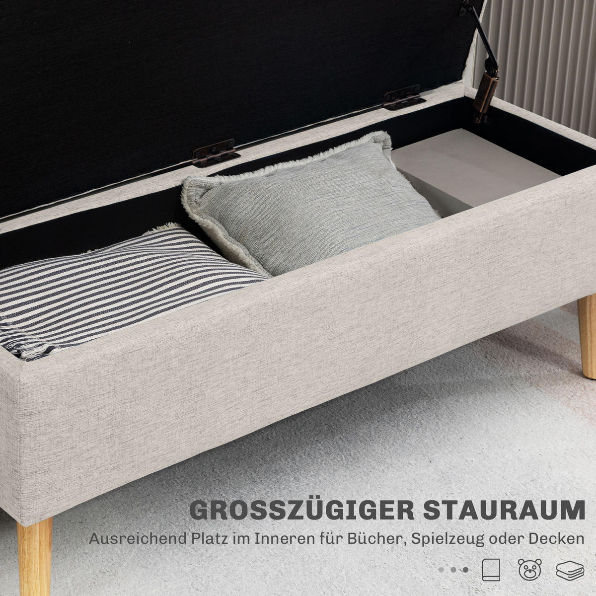 SITZBANK Polsterbank mit Stauraum scandinavia Truhenbank Polyester Holz Beige - Beige, Kunststoff (39/45/110cm) - HOMCOM